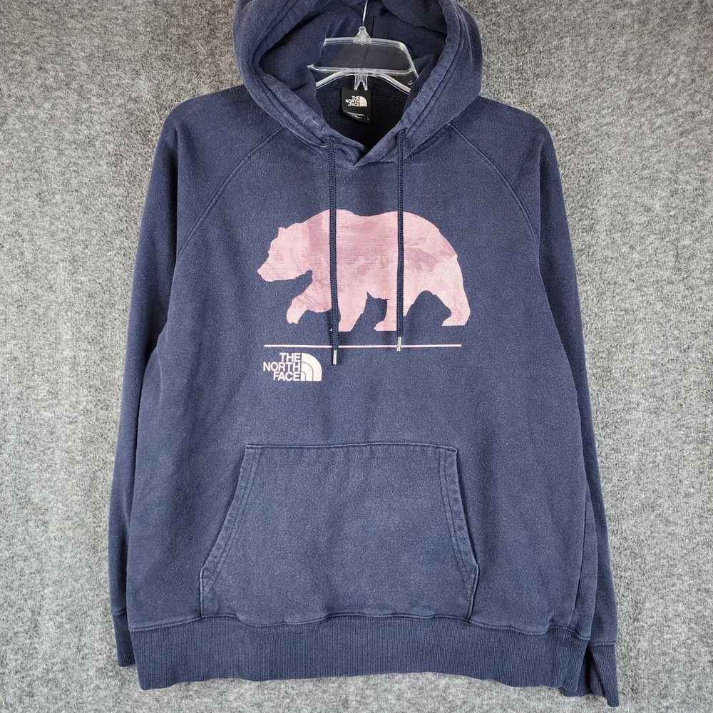 The North Face Hoodie Womens L Navy Blue Pink Bear Graphic Outdoor Pullover
